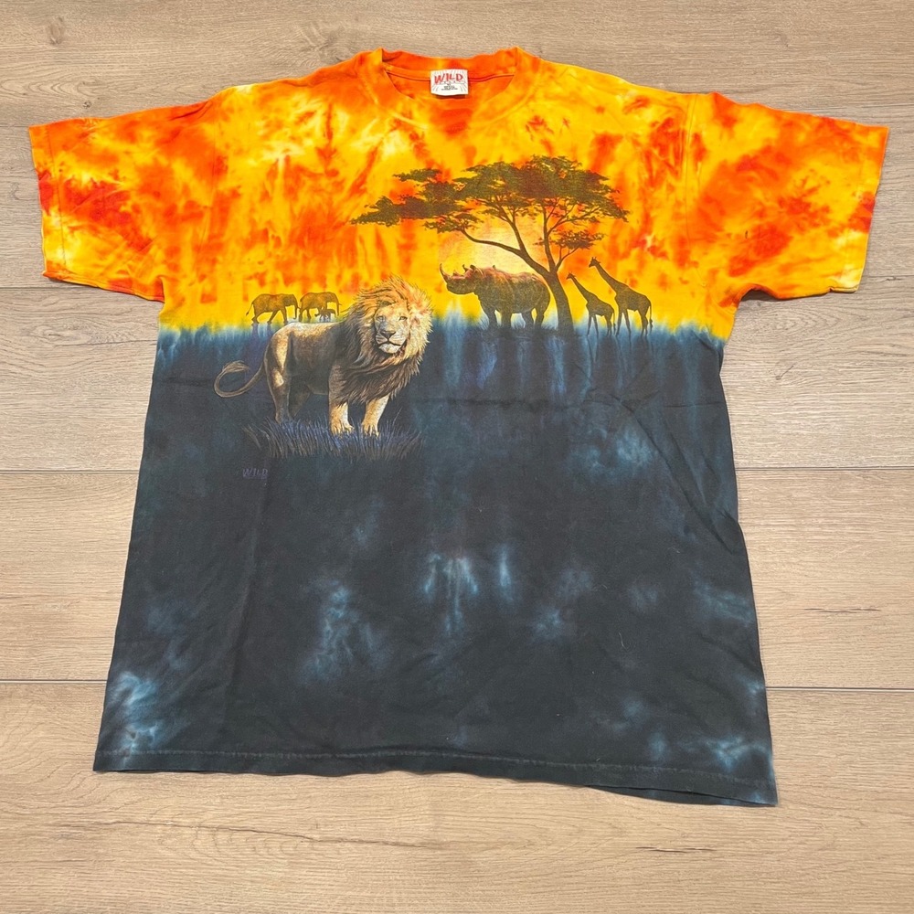 Vintage Wild Gear Safari Lion Tie Dye Graphic T-Shirt XL Orange Black Sunset